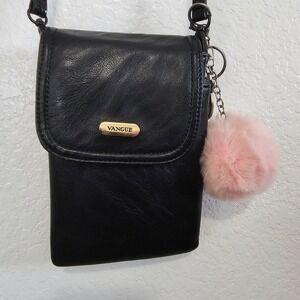 Vangue‎ Black Vegan Leather Crossbody Phone Bag with Pink Pom Pom Keychain